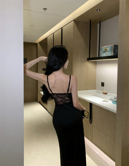 New Fashion Sheer Lace-Bodice Black Satin Spaghetti Strap Maxi Dress Glamorous High-Slit Nightclubs Open Back Long Dress AP1804