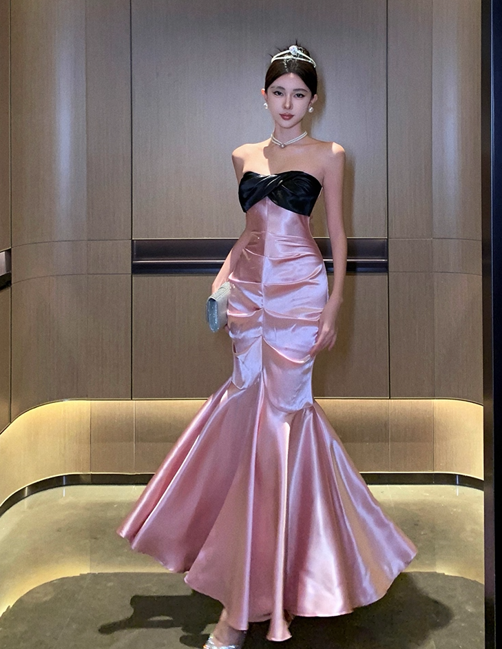 Graceful Twist-Front Black Velvet Pink Satin Mermaid Maxi Dress Hot Girls Strapless Ruched for Luxury Evening Galas Long Dress AP1805