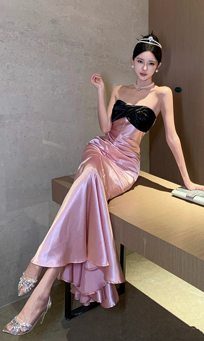 Graceful Twist-Front Black Velvet Pink Satin Mermaid Maxi Dress Hot Girls Strapless Ruched for Luxury Evening Galas Long Dress AP1805
