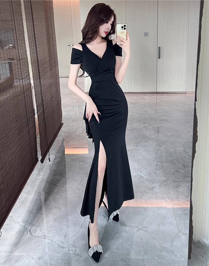 Novelty Black High-Slit Feast Outfit Maxi Dress Romantic Off-Shoulder Wrap Waist Long Dress AP1808