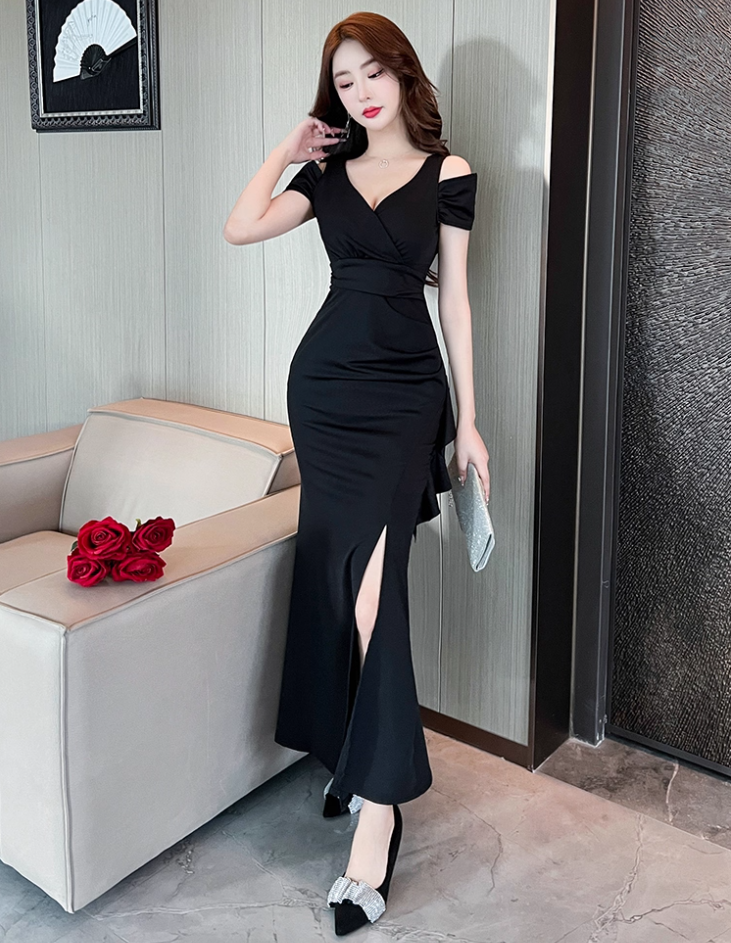 Novelty Black High-Slit Feast Outfit Maxi Dress Romantic Off-Shoulder Wrap Waist Long Dress AP1808