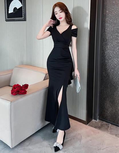 Novelty Black High-Slit Feast Outfit Maxi Dress Romantic Off-Shoulder Wrap Waist Long Dress AP1808