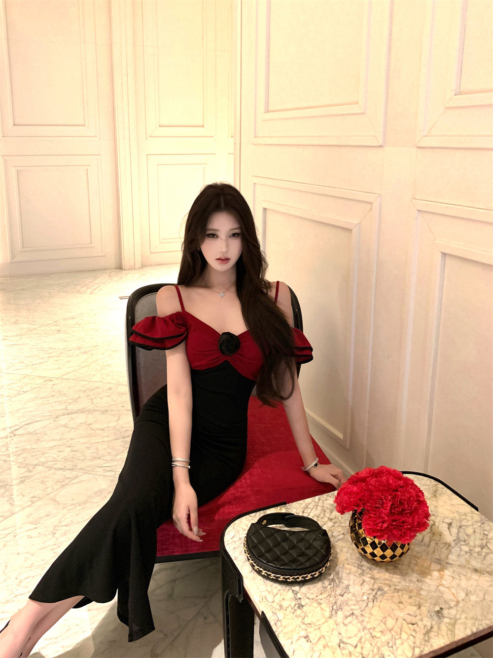 Charming Black & Red Off-Shoulder Mermaid Maxi Dress Casual Occasion Ruffles Trimmed Rose Detail Long Dress AP1809