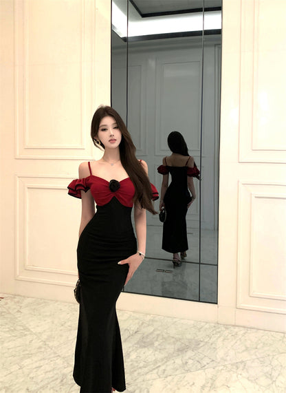 Charming Black & Red Off-Shoulder Mermaid Maxi Dress Casual Occasion Ruffles Trimmed Rose Detail Long Dress AP1809