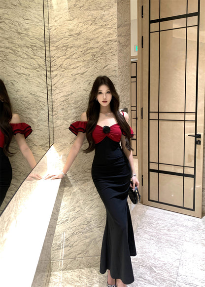 Charming Black & Red Off-Shoulder Mermaid Maxi Dress Casual Occasion Ruffles Trimmed Rose Detail Long Dress AP1809
