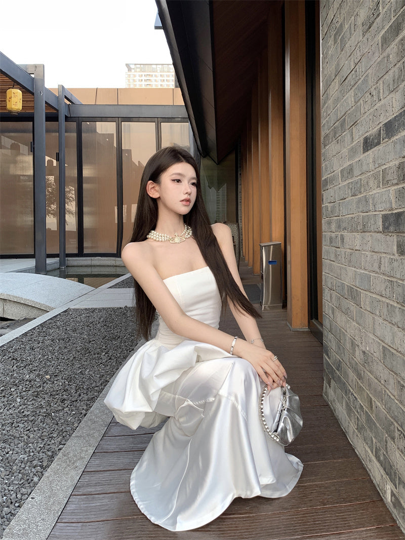 Exquisite White Tulip Two-Piece Set Cinched Waist Flared Skirt Evening Galas Strapless Satin Mermaid Splicing Long Dress AP1810