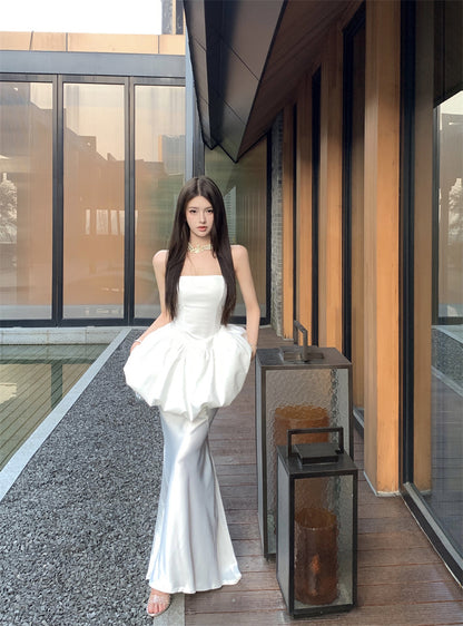 Exquisite White Tulip Two-Piece Set Cinched Waist Flared Skirt Evening Galas Strapless Satin Mermaid Splicing Long Dress AP1810