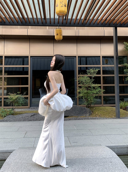 Exquisite White Tulip Two-Piece Set Cinched Waist Flared Skirt Evening Galas Strapless Satin Mermaid Splicing Long Dress AP1810