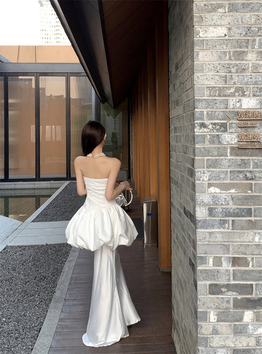 Exquisite White Tulip Two-Piece Set Cinched Waist Flared Skirt Evening Galas Strapless Satin Mermaid Splicing Long Dress AP1810