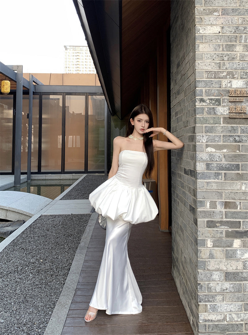 Exquisite White Tulip Two-Piece Set Cinched Waist Flared Skirt Evening Galas Strapless Satin Mermaid Splicing Long Dress AP1810