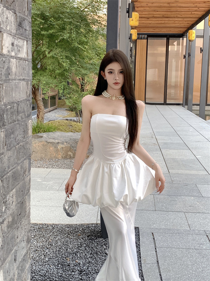 Exquisite White Tulip Two-Piece Set Cinched Waist Flared Skirt Evening Galas Strapless Satin Mermaid Splicing Long Dress AP1810