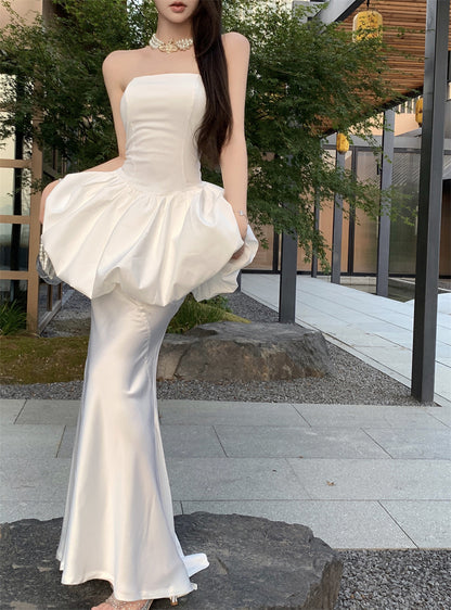 Exquisite White Tulip Two-Piece Set Cinched Waist Flared Skirt Evening Galas Strapless Satin Mermaid Splicing Long Dress AP1810