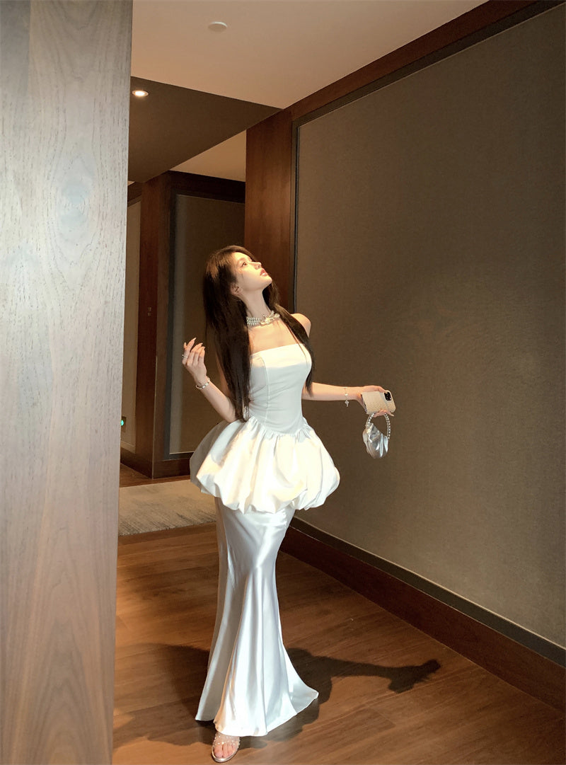 Exquisite White Tulip Two-Piece Set Cinched Waist Flared Skirt Evening Galas Strapless Satin Mermaid Splicing Long Dress AP1810