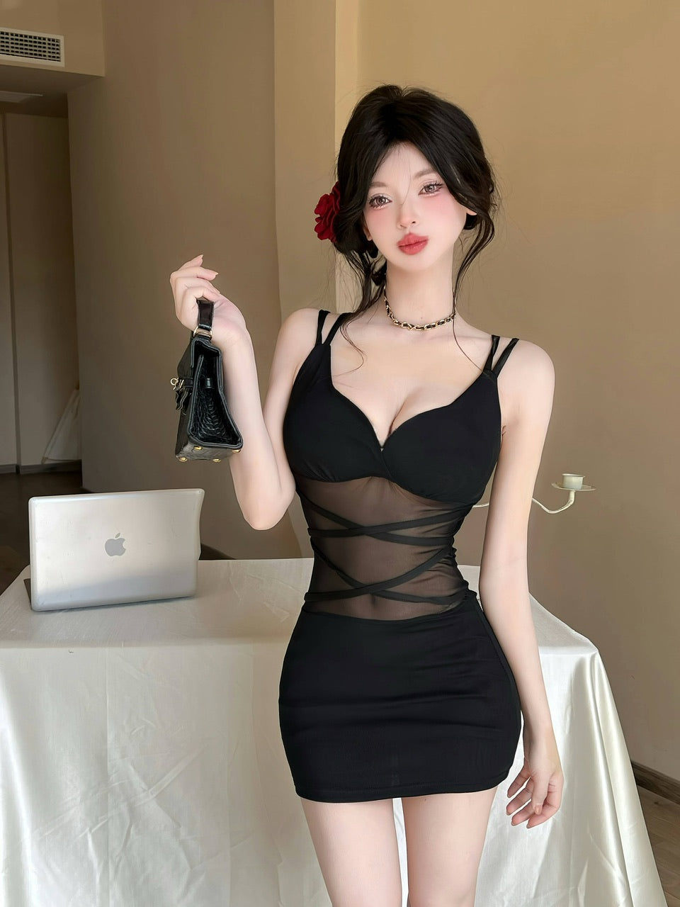 Graceful Black Sheer Mesh Bodycon Mini Skirt Exquisite Crisscross Spaghetti Straps Bra-Inspired Top Short Dress AP1811