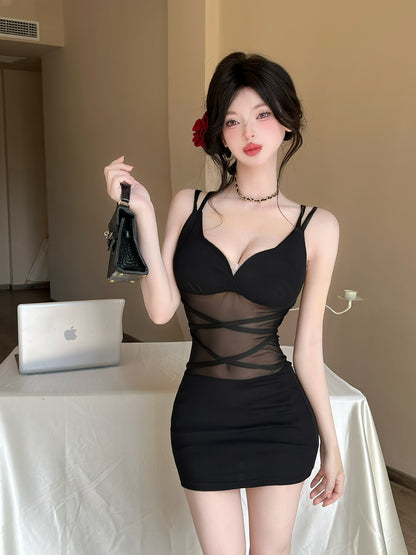 Graceful Black Sheer Mesh Bodycon Mini Skirt Exquisite Crisscross Spaghetti Straps Bra-Inspired Top Short Dress AP1811