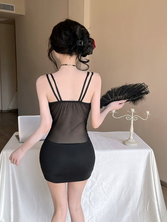Graceful Black Sheer Mesh Bodycon Mini Skirt Exquisite Crisscross Spaghetti Straps Bra-Inspired Top Short Dress AP1811