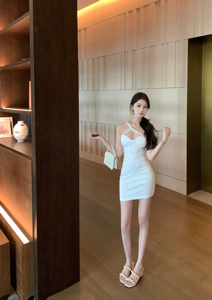 Unique Rhinestone Accent One Shoulder Mini Dress Hot Girl Date Outfit White Cutout Ruched Bodycon Short Dress AP1813