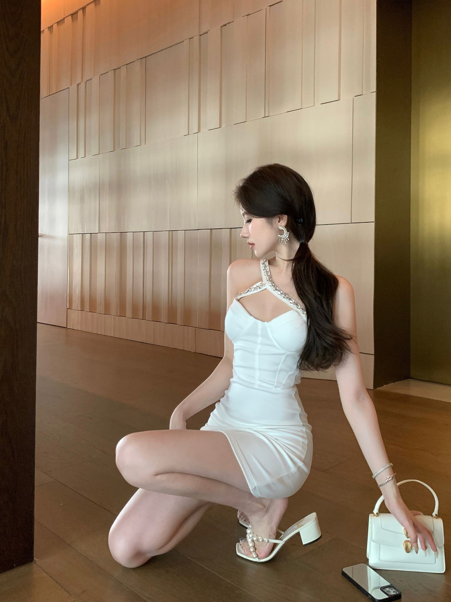 Unique Rhinestone Accent One Shoulder Mini Dress Hot Girl Date Outfit White Cutout Ruched Bodycon Short Dress AP1813