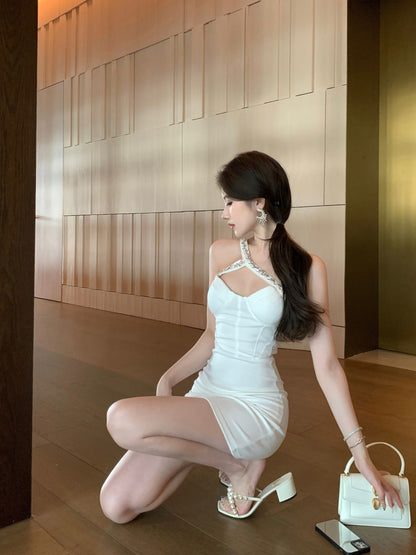 Unique Rhinestone Accent One Shoulder Mini Dress Hot Girl Date Outfit White Cutout Ruched Bodycon Short Dress AP1813