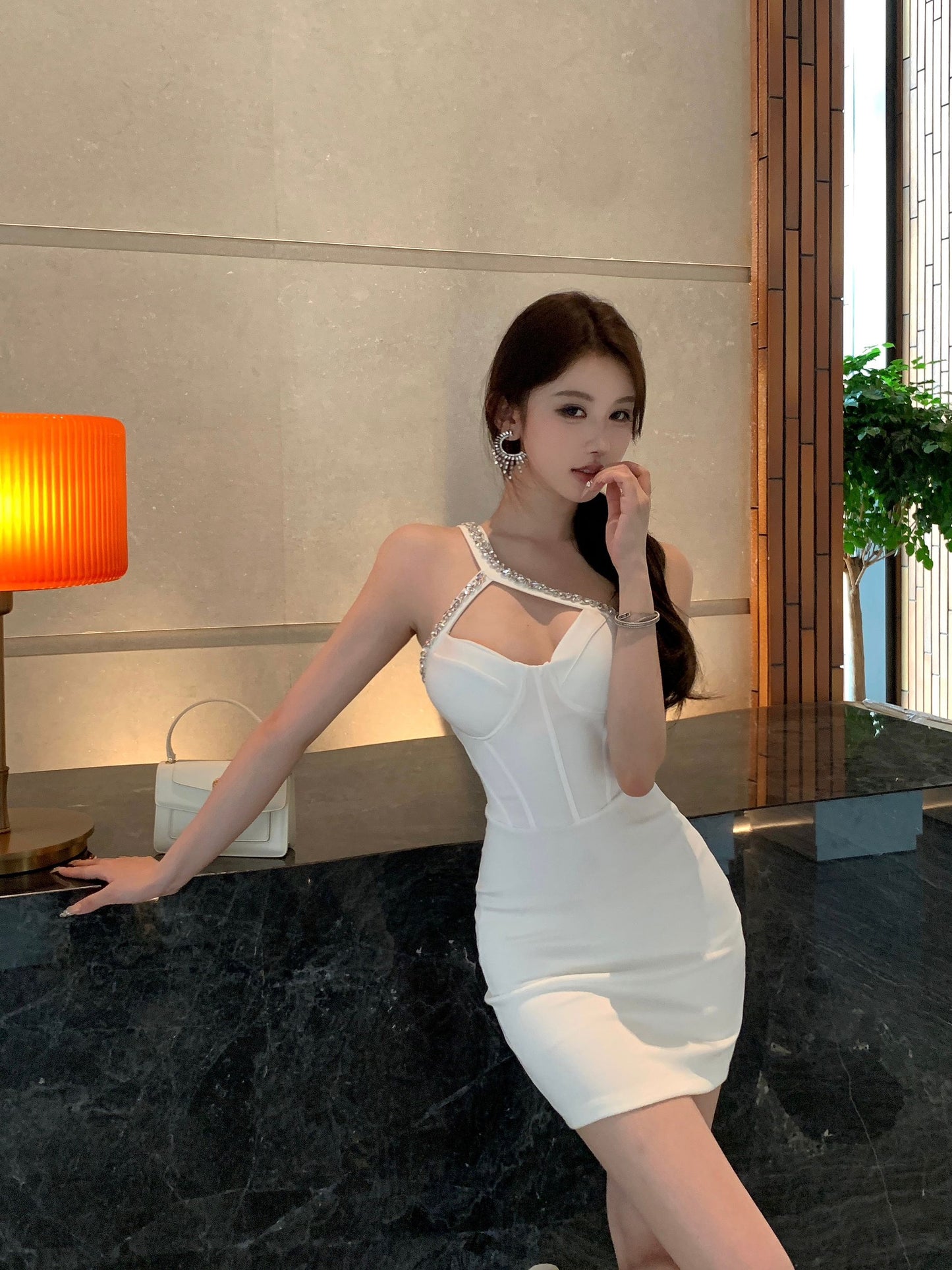 Unique Rhinestone Accent One Shoulder Mini Dress Hot Girl Date Outfit White Cutout Ruched Bodycon Short Dress AP1813