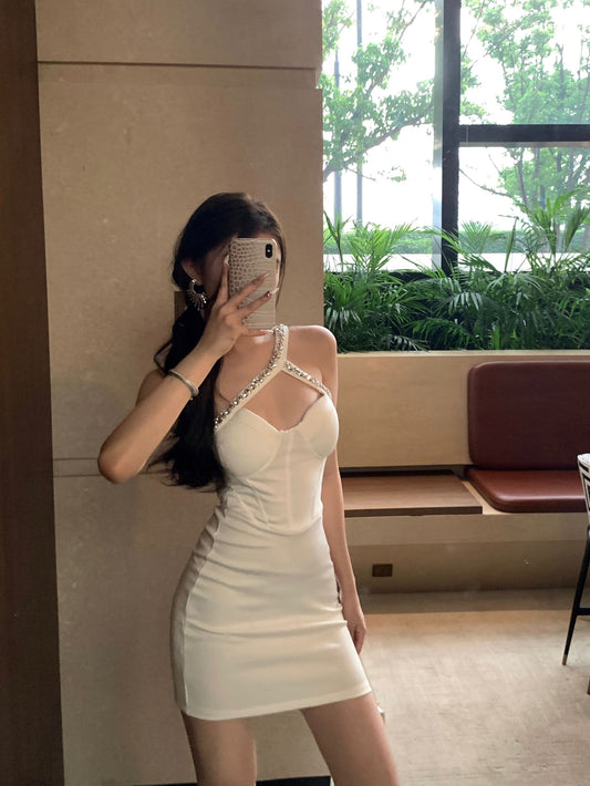 Unique Rhinestone Accent One Shoulder Mini Dress Hot Girl Date Outfit White Cutout Ruched Bodycon Short Dress AP1813