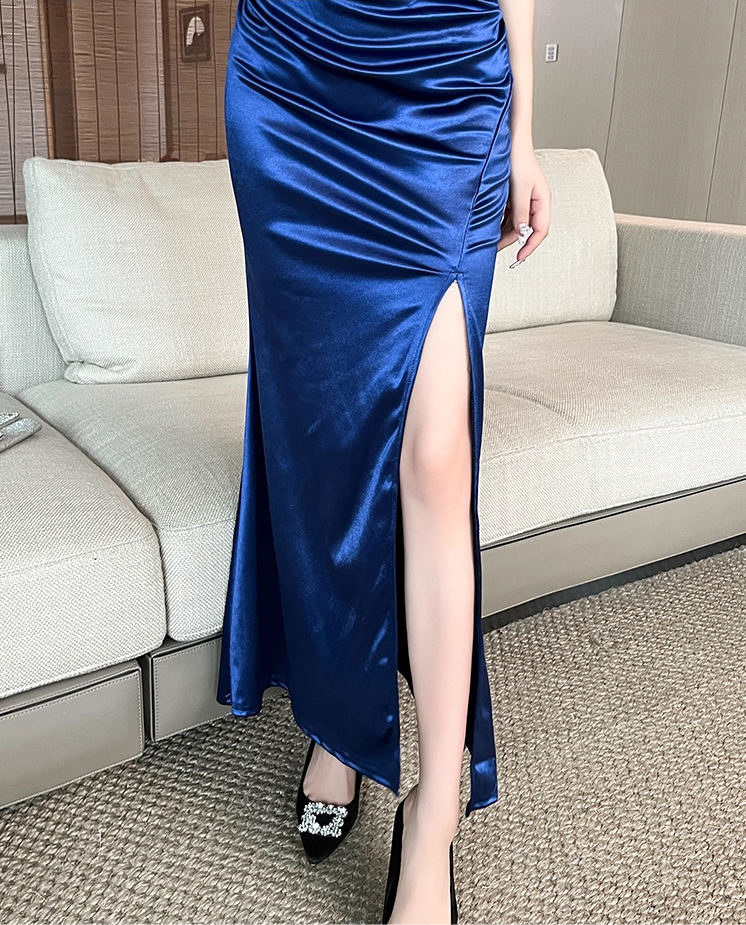 Unique Royal Blue & White Satin Mermaid Maxi Dress Glamorous Tassel Trimmed Short Sleeves High-Slit Long Dress AP1814