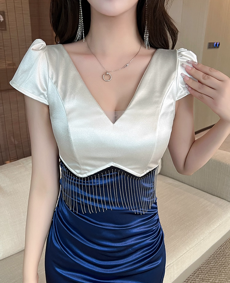 Unique Royal Blue & White Satin Mermaid Maxi Dress Glamorous Tassel Trimmed Short Sleeves High-Slit Long Dress AP1814