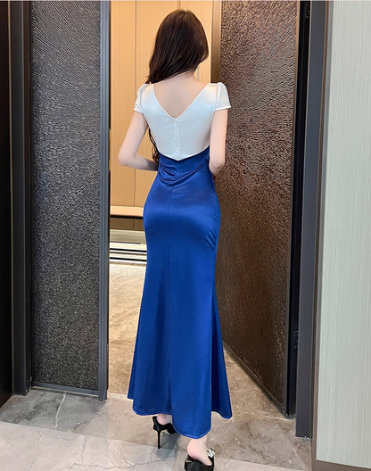Unique Royal Blue & White Satin Mermaid Maxi Dress Glamorous Tassel Trimmed Short Sleeves High-Slit Long Dress AP1814