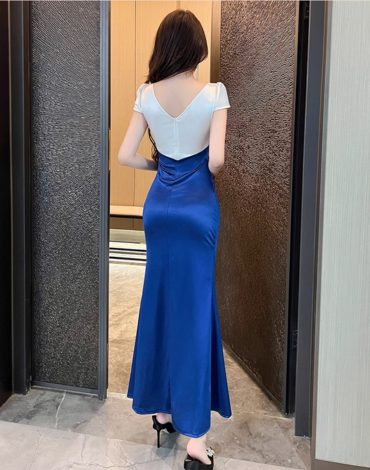 Unique Royal Blue & White Satin Mermaid Maxi Dress Glamorous Tassel Trimmed Short Sleeves High-Slit Long Dress AP1814