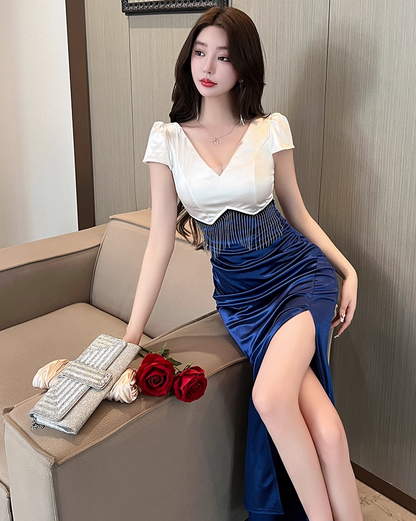 Unique Royal Blue & White Satin Mermaid Maxi Dress Glamorous Tassel Trimmed Short Sleeves High-Slit Long Dress AP1814