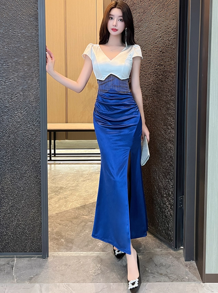 Unique Royal Blue & White Satin Mermaid Maxi Dress Glamorous Tassel Trimmed Short Sleeves High-Slit Long Dress AP1814