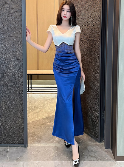 Unique Royal Blue & White Satin Mermaid Maxi Dress Glamorous Tassel Trimmed Short Sleeves High-Slit Long Dress AP1814