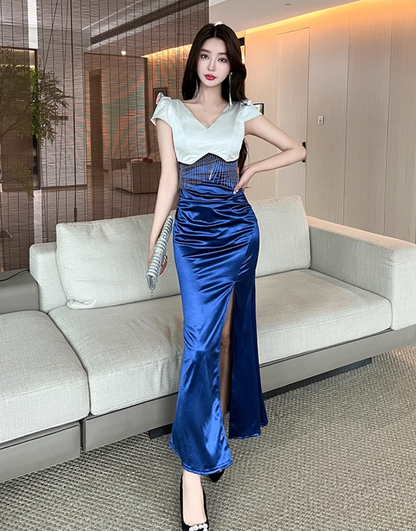 Unique Royal Blue & White Satin Mermaid Maxi Dress Glamorous Tassel Trimmed Short Sleeves High-Slit Long Dress AP1814