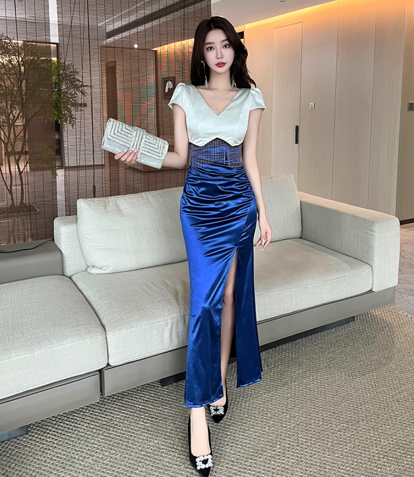 Unique Royal Blue & White Satin Mermaid Maxi Dress Glamorous Tassel Trimmed Short Sleeves High-Slit Long Dress AP1814