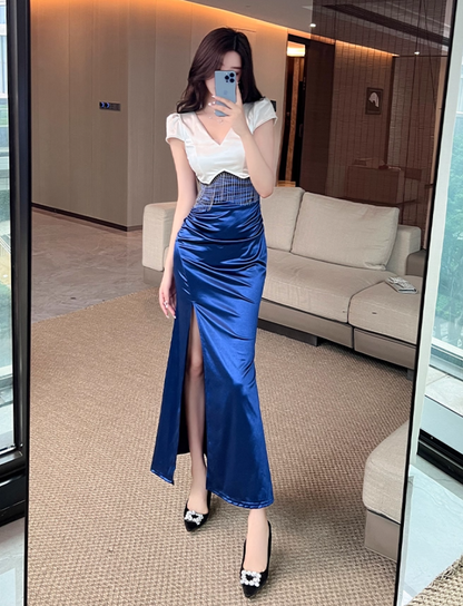 Unique Royal Blue & White Satin Mermaid Maxi Dress Glamorous Tassel Trimmed Short Sleeves High-Slit Long Dress AP1814
