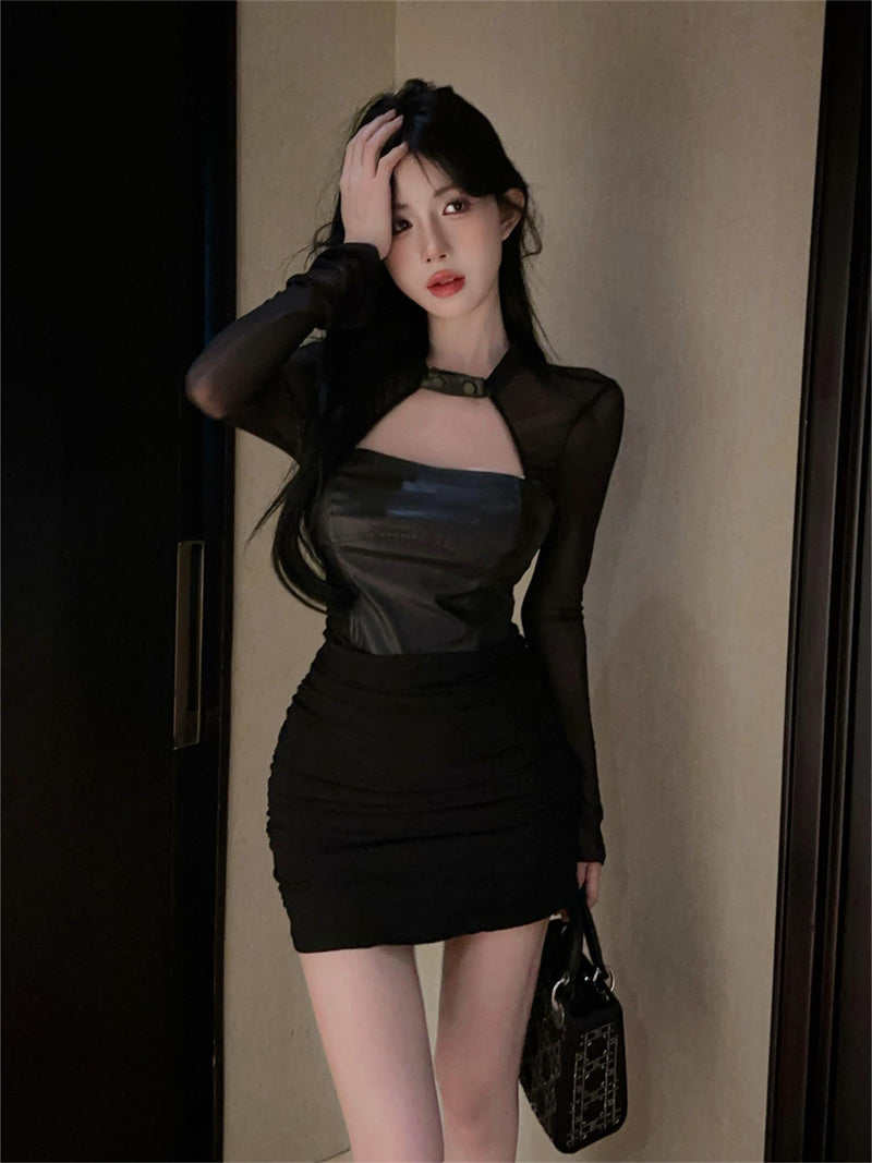 Alluring Cutout Neck Faux Leather Tube Top Mini Skirt Exclusive Nightclubs Black Sheer Mesh Long Sleeve Bodycon Short Dress AP1815