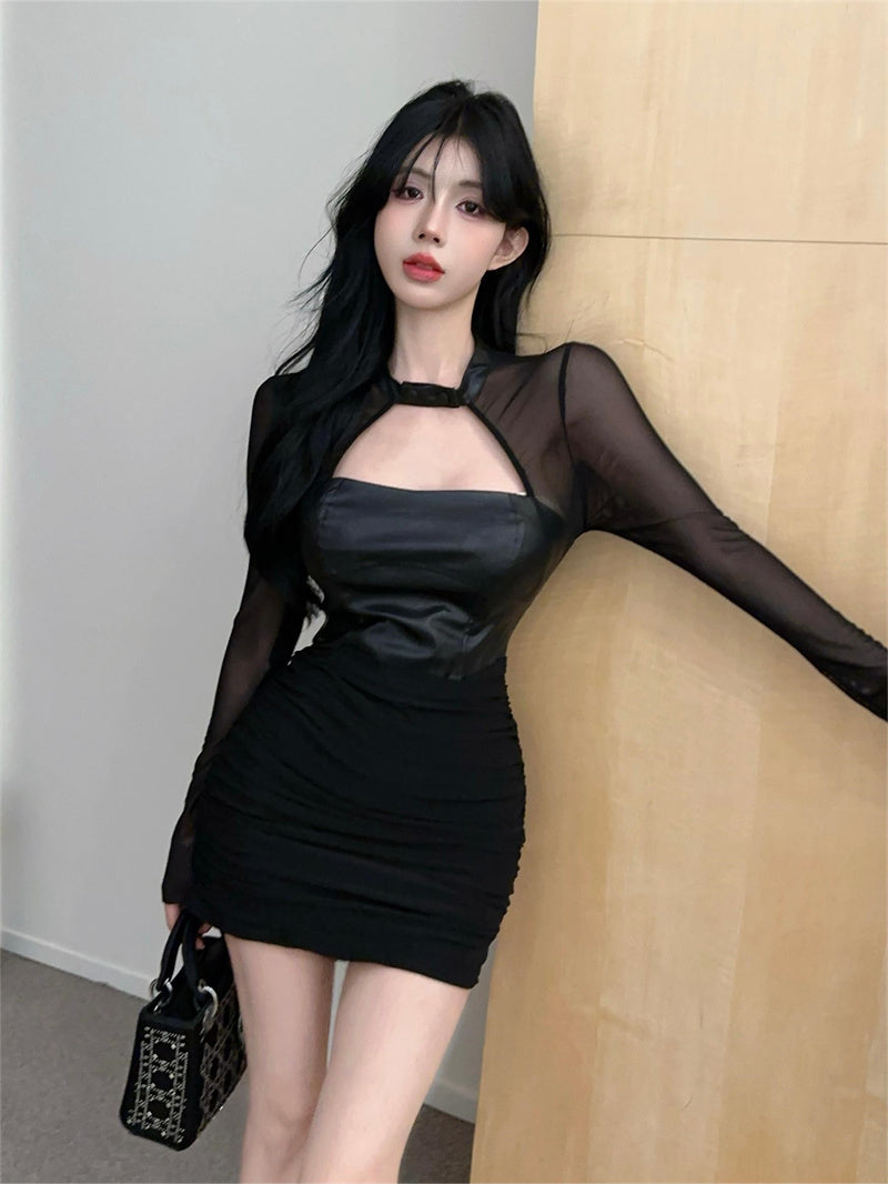 Alluring Cutout Neck Faux Leather Tube Top Mini Skirt Exclusive Nightclubs Black Sheer Mesh Long Sleeve Bodycon Short Dress AP1815