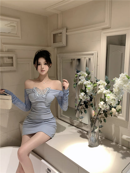Romantic Dates Butterfly Lace Applique Mini Skirt Charming Off-Shoulder Sheer Mesh Long Sleeves Bodycon Ruched Short Dress AP1816