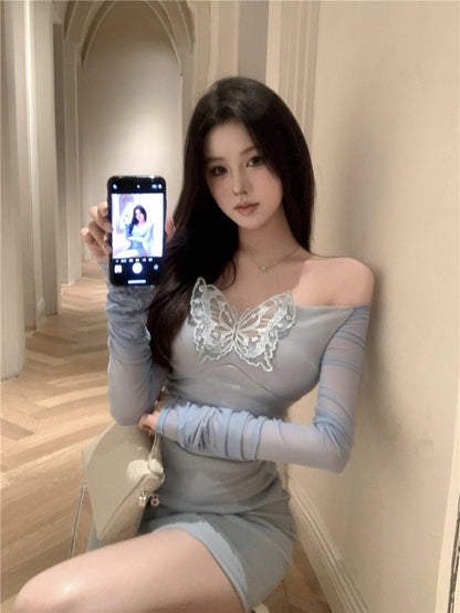 Romantic Dates Butterfly Lace Applique Mini Skirt Charming Off-Shoulder Sheer Mesh Long Sleeves Bodycon Ruched Short Dress AP1816