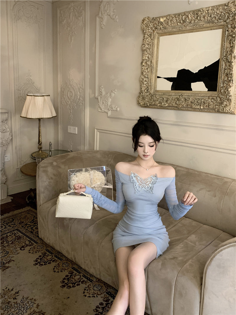 Romantic Dates Butterfly Lace Applique Mini Skirt Charming Off-Shoulder Sheer Mesh Long Sleeves Bodycon Ruched Short Dress AP1816