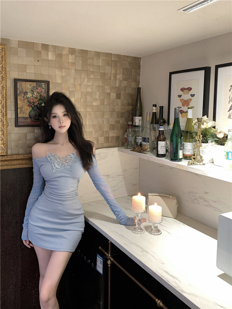 Romantic Dates Butterfly Lace Applique Mini Skirt Charming Off-Shoulder Sheer Mesh Long Sleeves Bodycon Ruched Short Dress AP1816