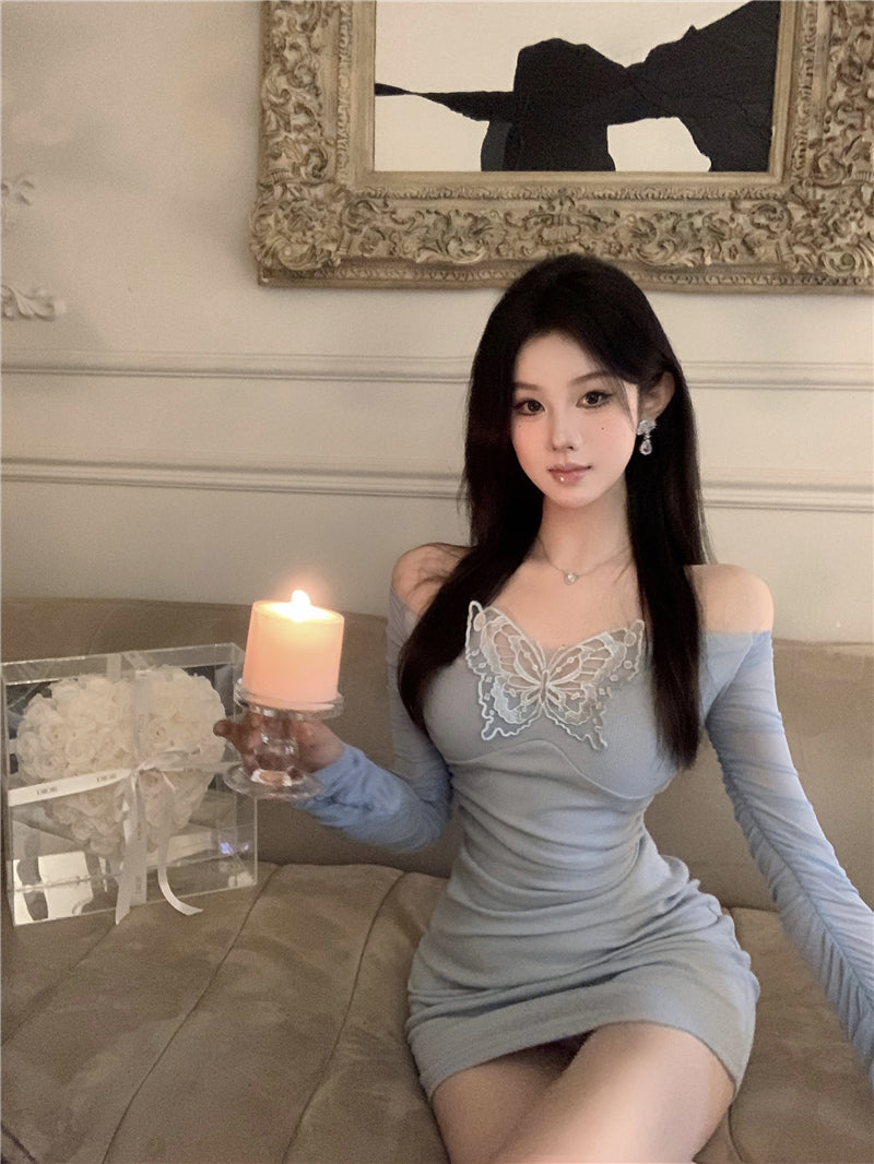 Romantic Dates Butterfly Lace Applique Mini Skirt Charming Off-Shoulder Sheer Mesh Long Sleeves Bodycon Ruched Short Dress AP1816