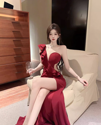Classical Ruffled One Shoulder Sheer Mesh Trimmed Burgundy Maxi Dress Vintage High Slit Bodycon Mermaid Hem Long Dress AP1817