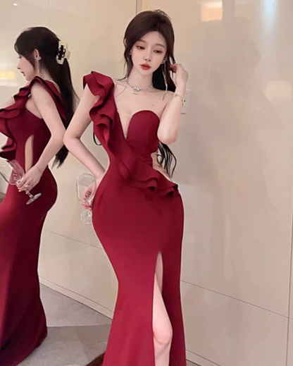 Classical Ruffled One Shoulder Sheer Mesh Trimmed Burgundy Maxi Dress Vintage High Slit Bodycon Mermaid Hem Long Dress AP1817