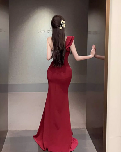 Classical Ruffled One Shoulder Sheer Mesh Trimmed Burgundy Maxi Dress Vintage High Slit Bodycon Mermaid Hem Long Dress AP1817