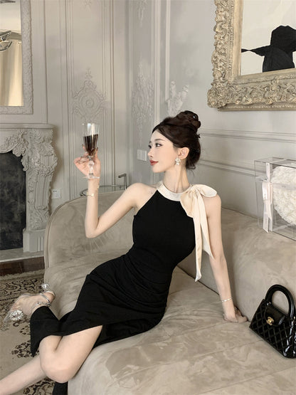 Glamorous Contrast Color-Block Ruched Midi Skirt Charming Cream Bow Accent Bodycon High-Slit Halter Long Dress AP1818