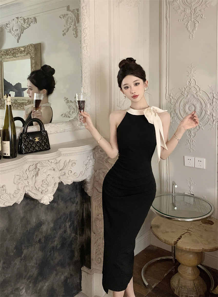Glamorous Contrast Color-Block Ruched Midi Skirt Charming Cream Bow Accent Bodycon High-Slit Halter Long Dress AP1818