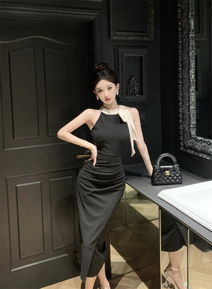 Glamorous Contrast Color-Block Ruched Midi Skirt Charming Cream Bow Accent Bodycon High-Slit Halter Long Dress AP1818