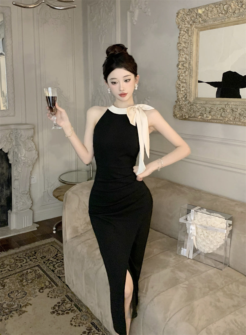 Glamorous Contrast Color-Block Ruched Midi Skirt Charming Cream Bow Accent Bodycon High-Slit Halter Long Dress AP1818
