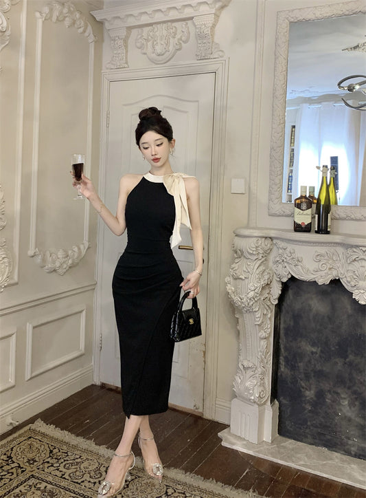 Glamorous Contrast Color-Block Ruched Midi Skirt Charming Cream Bow Accent Bodycon High-Slit Halter Long Dress AP1818